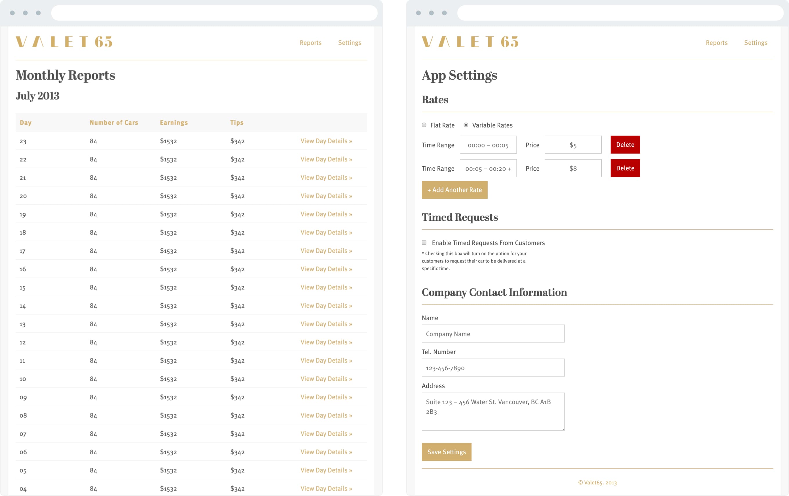 Valet65 company admin site