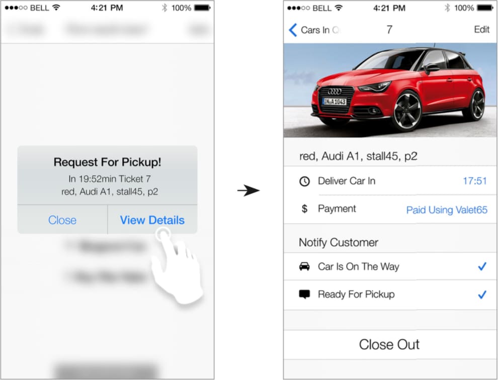 Wireframe of valet receiving car request