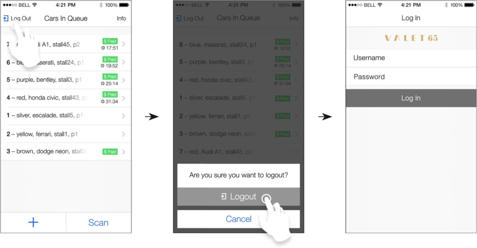 Wireframe of valet company logout