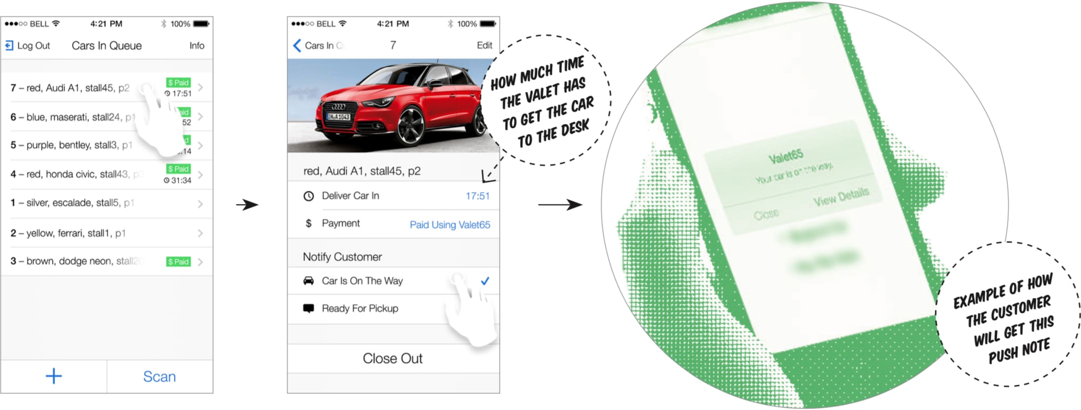 Wireframe of valet notifying customer