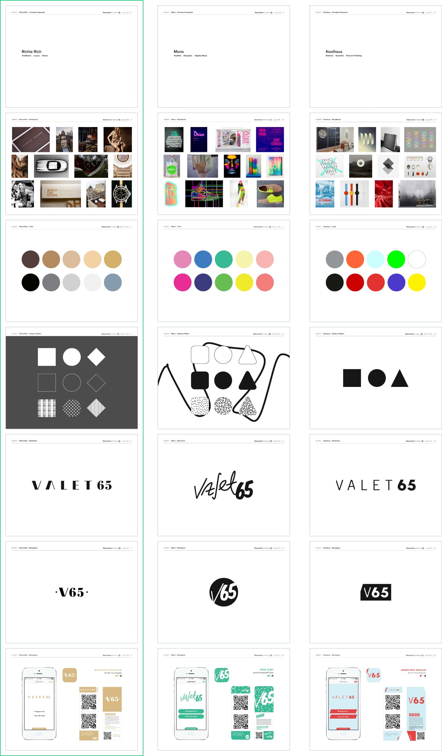 The 3 identity and branding options I developed for Valet65 to choose from.