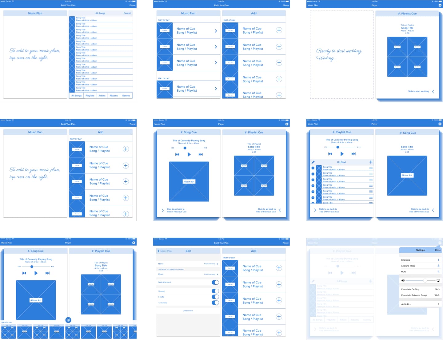 WeddingDJ iPad app wireframes